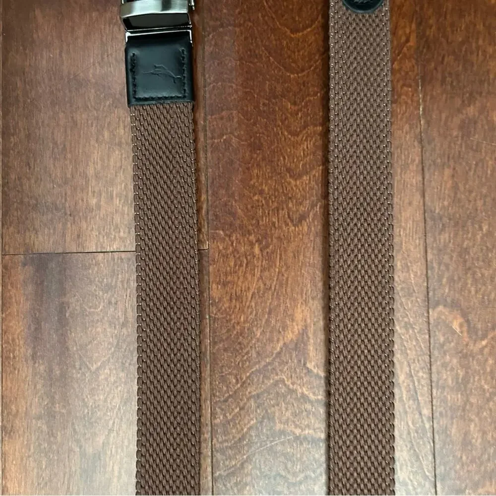 Tommy Bahama Men’s Brown Webbed Belt with Black Leather Trim, Size Large/XL